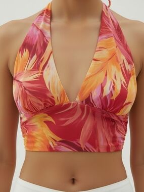 Attirance Vibrant Tropical Halter Top in Fuchsia & Coral